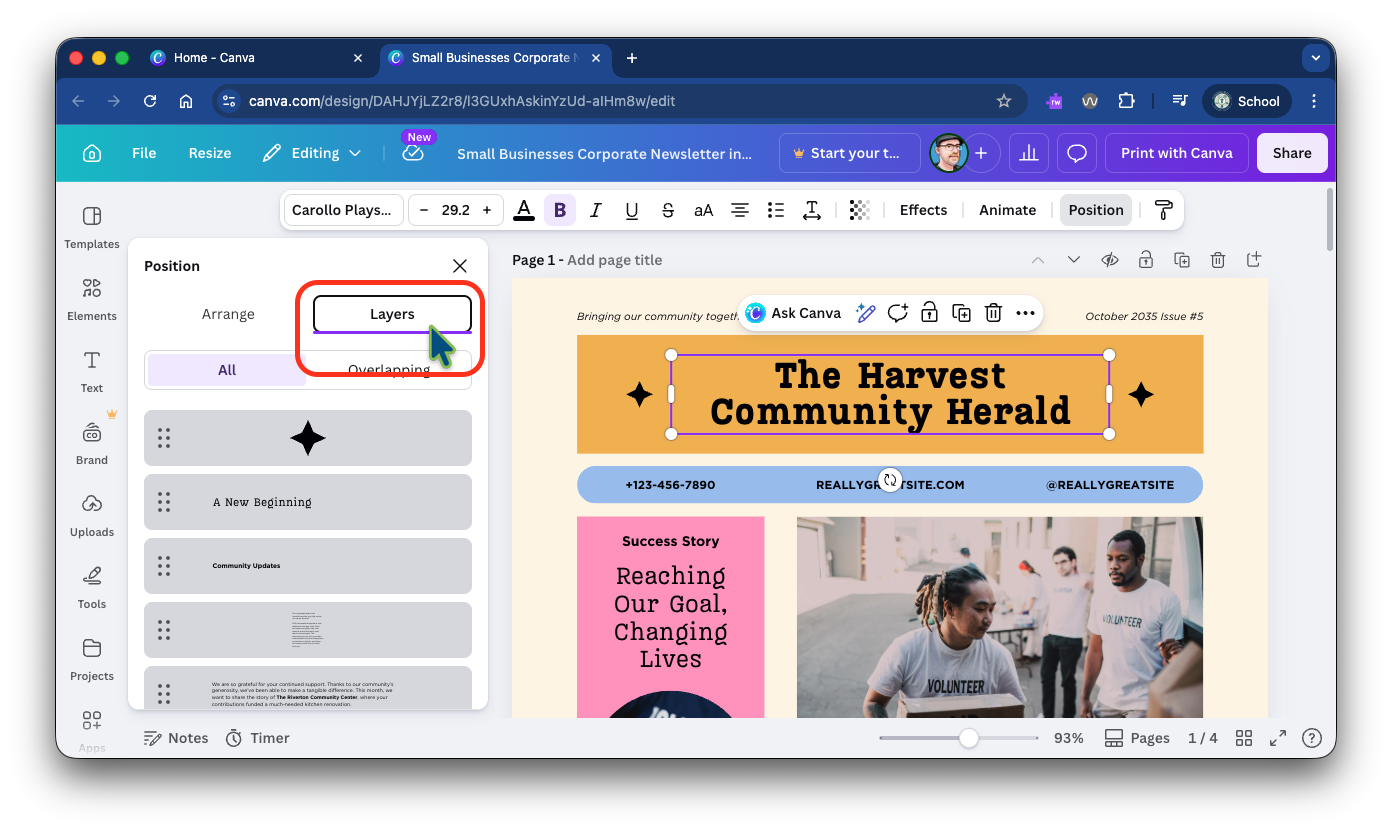 Canva's Position pane open with the Layers tab selected and highlighted with a red box.